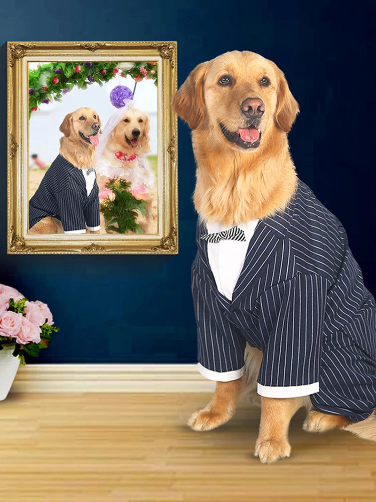 Large Dog Clothes Stripes Big Dog Coat Bowknot Tuxedo Jacket Wedding Suit Pet Clothes For Samoye Husky