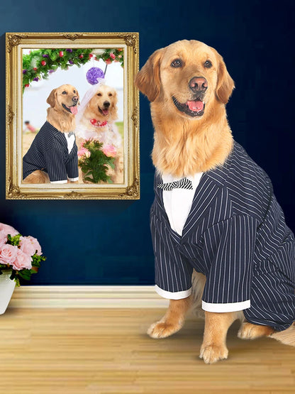 Large Dog Clothes Stripes Big Dog Coat Bowknot Tuxedo Jacket Wedding Suit Pet Clothes For Samoye Husky