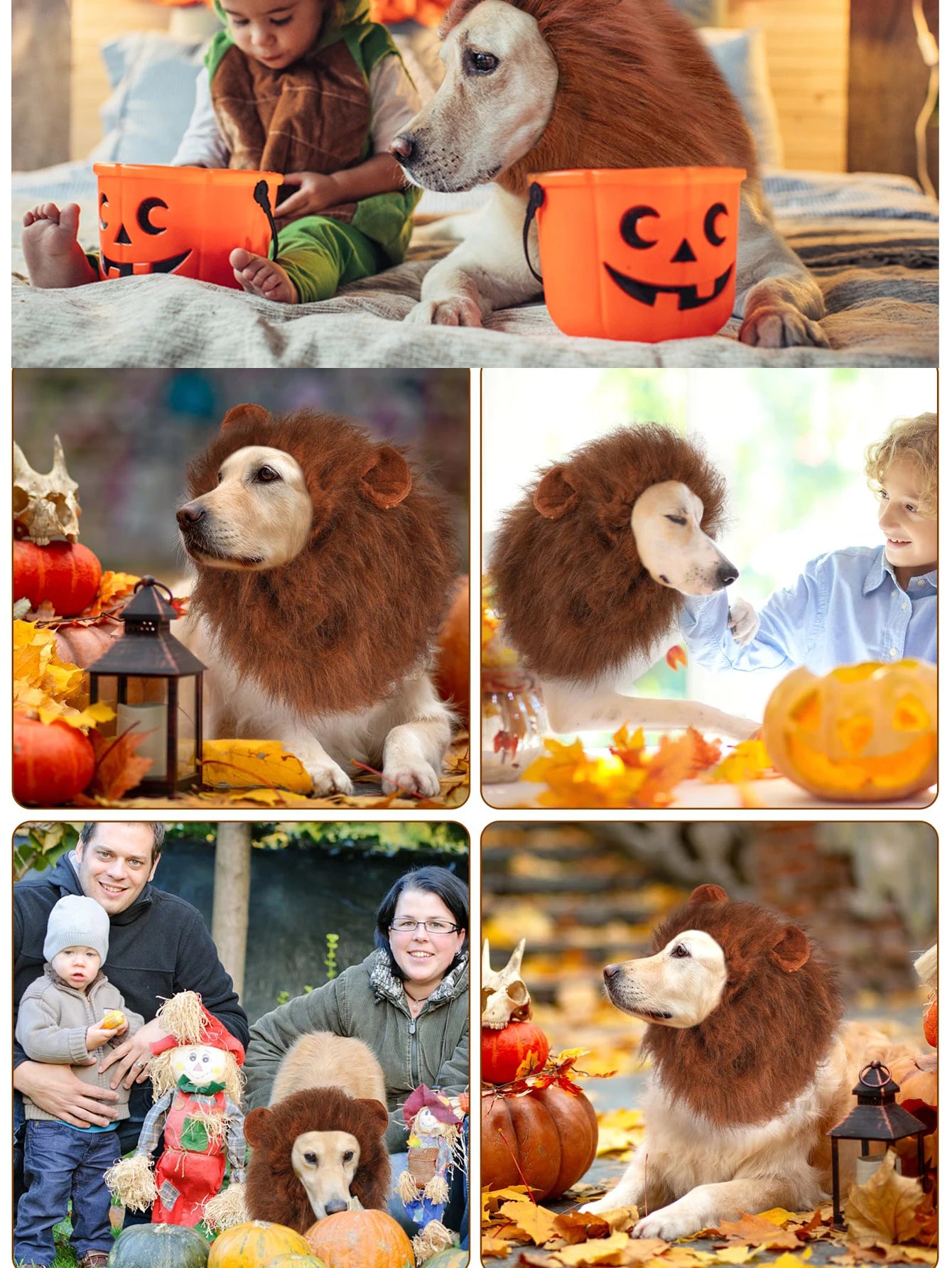 Lion Mane Dog Costume Lion Wig Halloween Costume with Ears and Tail Suitable for Medium to Large Dog Neck Circumference up to 80