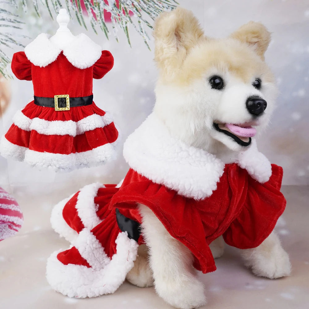 Puppy Fancy Dress Christmas Clothes for Small Dogs Xmas Tree Designer Puppy Skirts with Faux Fur Collar Red