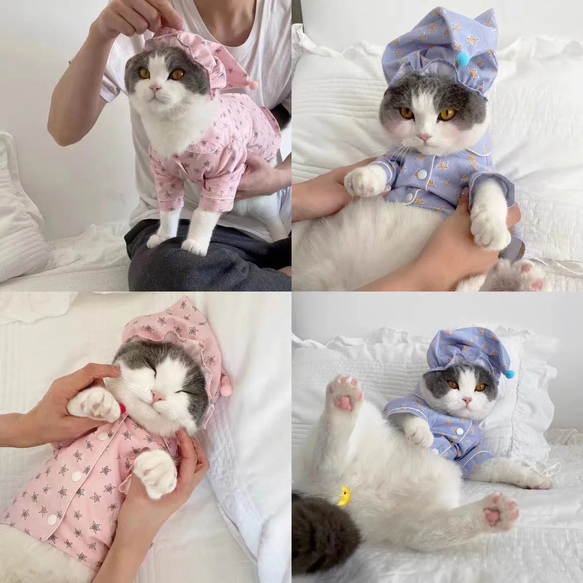 Dog Clothes Cat Stars Print Pajamas Puppy Comfortable Soft Shirt Cat Kawaii Outfits  Set Cute Shirt Pet Pajamas Costume With Hat