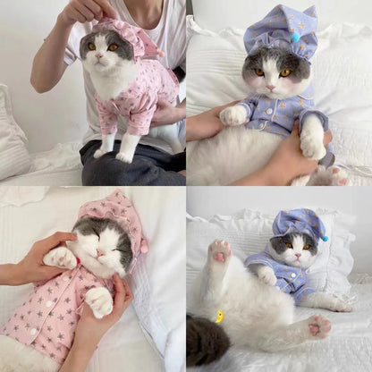 Dog Clothes Cat Stars Print Pajamas Puppy Comfortable Soft Shirt Cat Kawaii Outfits  Set Cute Shirt Pet Pajamas Costume With Hat