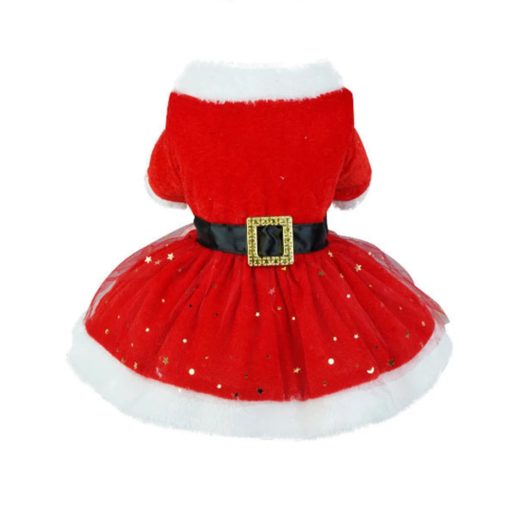 Puppy Fancy Dress Christmas Clothes for Small Dogs Xmas Tree Designer Puppy Skirts with Faux Fur Collar Red