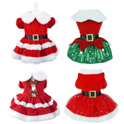 Puppy Fancy Dress Christmas Clothes for Small Dogs Xmas Tree Designer Puppy Skirts with Faux Fur Collar Red