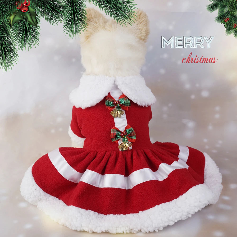 Puppy Fancy Dress Christmas Clothes for Small Dogs Xmas Tree Designer Puppy Skirts with Faux Fur Collar Red