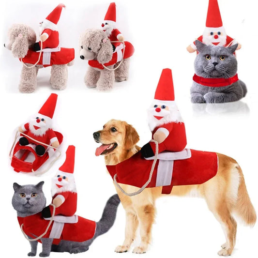 Pet Christmas Costume Riding Horse Santa Dogs Vest Coat Clothes Funny Christmas Halloween Party Dressing up Dogs Cats Outfit