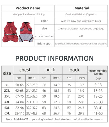 Winter Warm Dog Clothes For Medium Large Dogs Reflective Windproof Pet Thicken Down Jacket Labrador French Bulldog Coat Outfits