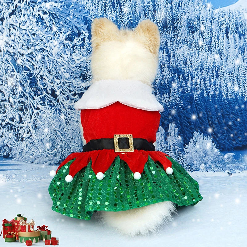 Puppy Fancy Dress Christmas Clothes for Small Dogs Xmas Tree Designer Puppy Skirts with Faux Fur Collar Red