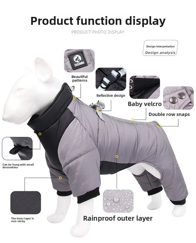 New dog four-legged clothes, warm winter clothes, windproof puppy pet cotton-padded clothes, thickened dog clothes