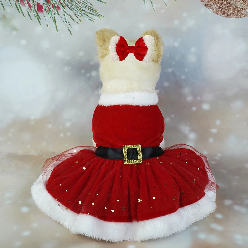 Puppy Fancy Dress Christmas Clothes for Small Dogs Xmas Tree Designer Puppy Skirts with Faux Fur Collar Red