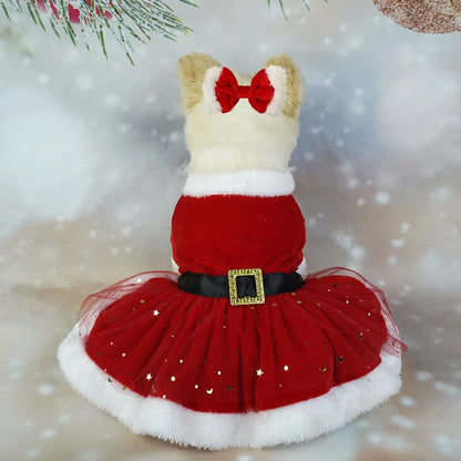 Puppy Fancy Dress Christmas Clothes for Small Dogs Xmas Tree Designer Puppy Skirts with Faux Fur Collar Red