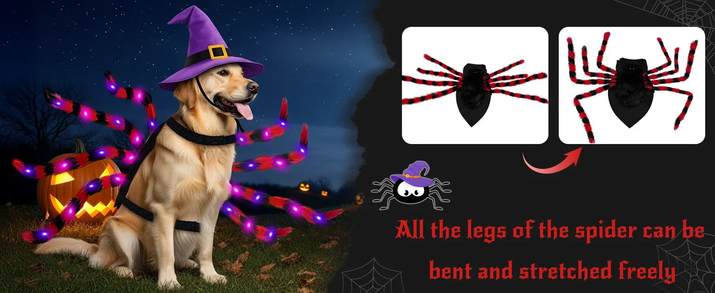 Dog Halloween Costume Large Breed,Dog Spider Costume with 64 LED,Funny Halloween Dogs Costumes for Halloween Party Cosplay (Red)