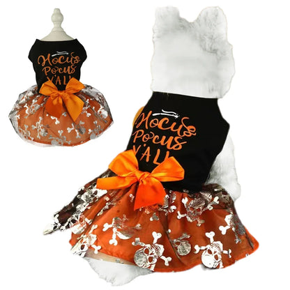 Comfortable Breathable Dog Costume for Halloween Pet Dog Fancy Dress Party Dress Up Print Shiny Cute Cat Bow Dress Puppy Clothes