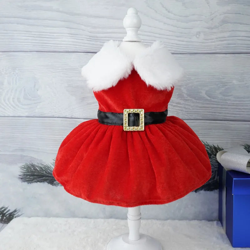 Puppy Fancy Dress Christmas Clothes for Small Dogs Xmas Tree Designer Puppy Skirts with Faux Fur Collar Red
