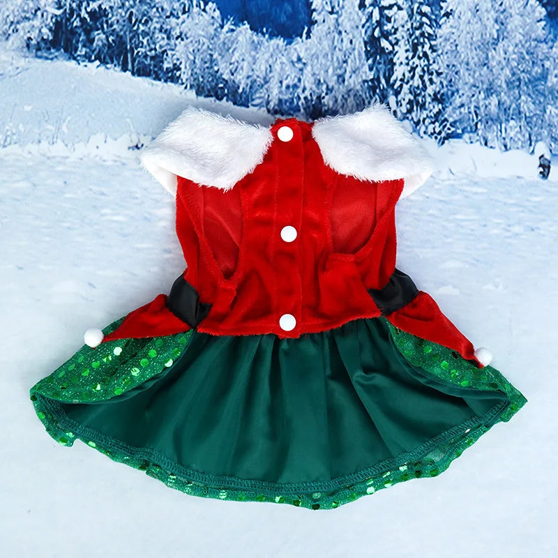 Puppy Fancy Dress Christmas Clothes for Small Dogs Xmas Tree Designer Puppy Skirts with Faux Fur Collar Red