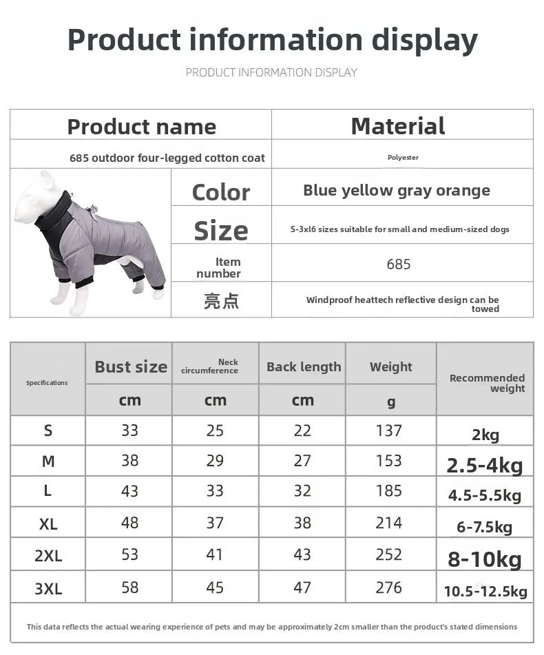 New dog four-legged clothes, warm winter clothes, windproof puppy pet cotton-padded clothes, thickened dog clothes