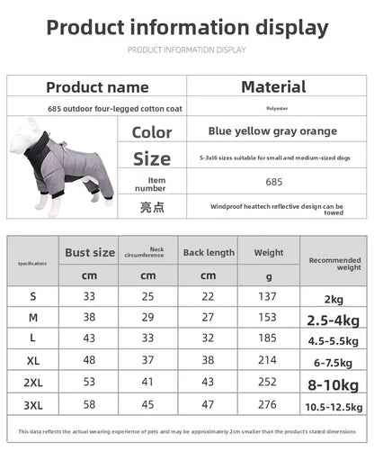 New dog four-legged clothes, warm winter clothes, windproof puppy pet cotton-padded clothes, thickened dog clothes