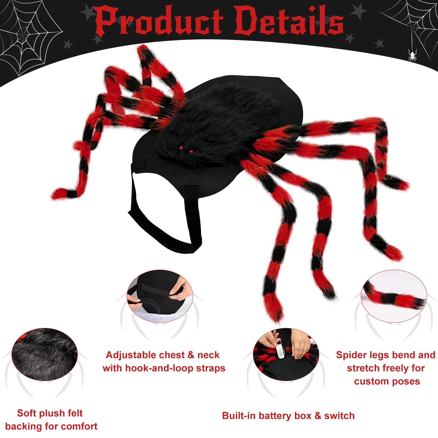 Dog Halloween Costume Large Breed,Dog Spider Costume with 64 LED,Funny Halloween Dogs Costumes for Halloween Party Cosplay (Red)