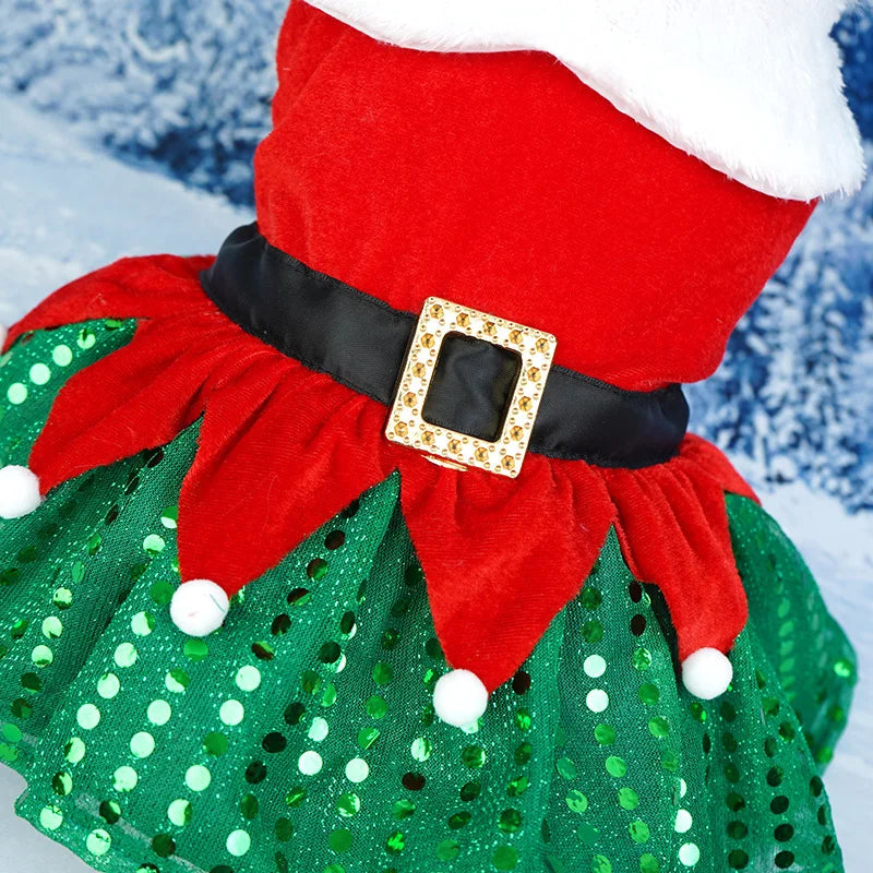 Puppy Fancy Dress Christmas Clothes for Small Dogs Xmas Tree Designer Puppy Skirts with Faux Fur Collar Red