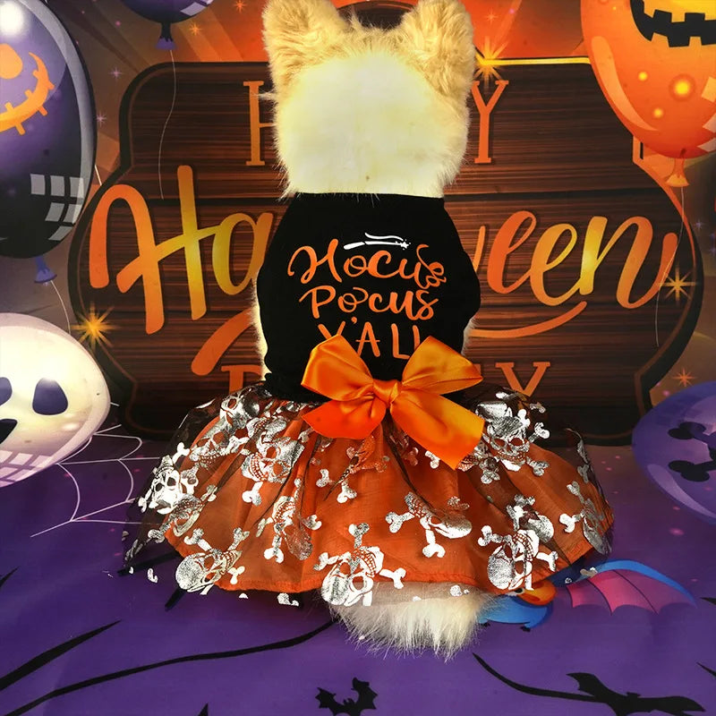 Comfortable Breathable Dog Costume for Halloween Pet Dog Fancy Dress Party Dress Up Print Shiny Cute Cat Bow Dress Puppy Clothes