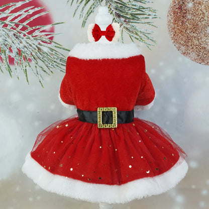 Puppy Fancy Dress Christmas Clothes for Small Dogs Xmas Tree Designer Puppy Skirts with Faux Fur Collar Red