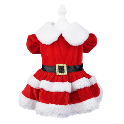 Puppy Fancy Dress Christmas Clothes for Small Dogs Xmas Tree Designer Puppy Skirts with Faux Fur Collar Red