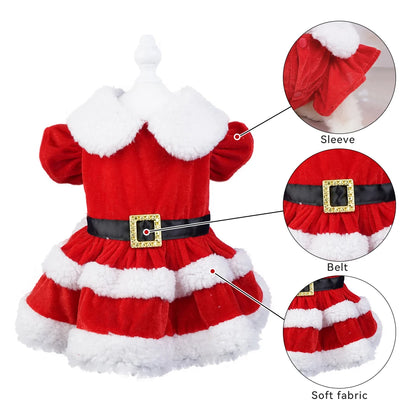 Puppy Fancy Dress Christmas Clothes for Small Dogs Xmas Tree Designer Puppy Skirts with Faux Fur Collar Red