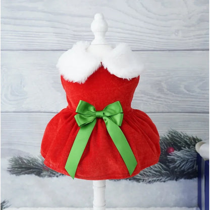 Puppy Fancy Dress Christmas Clothes for Small Dogs Xmas Tree Designer Puppy Skirts with Faux Fur Collar Red