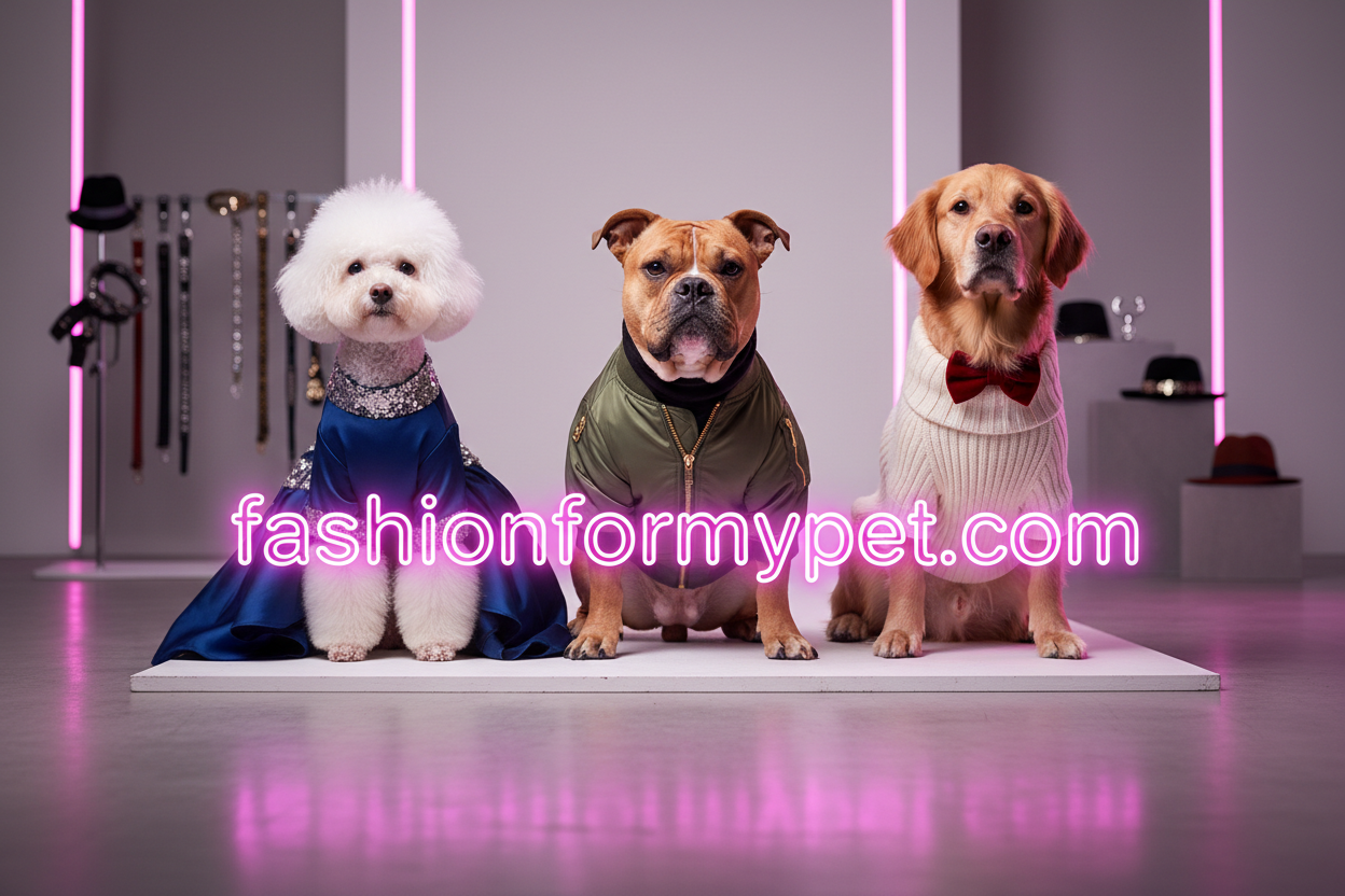 fashionformypet.com em neon rosa brilhante com caens vestidos com roupas diferentes por traz 